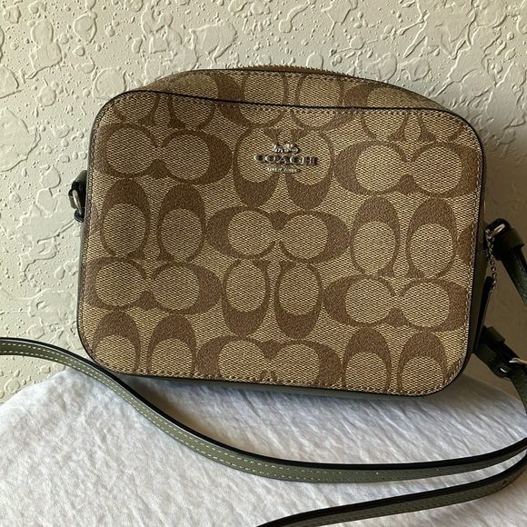 Coach: Mini Jamie Camera Brown & Olive Signature Crossbody Bag- Silver Tone - Picture 1 of 16